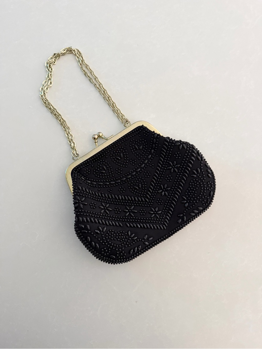 Vintage 1950s Black Beaded Evening Bag/Clutch • Made in Hong Kong